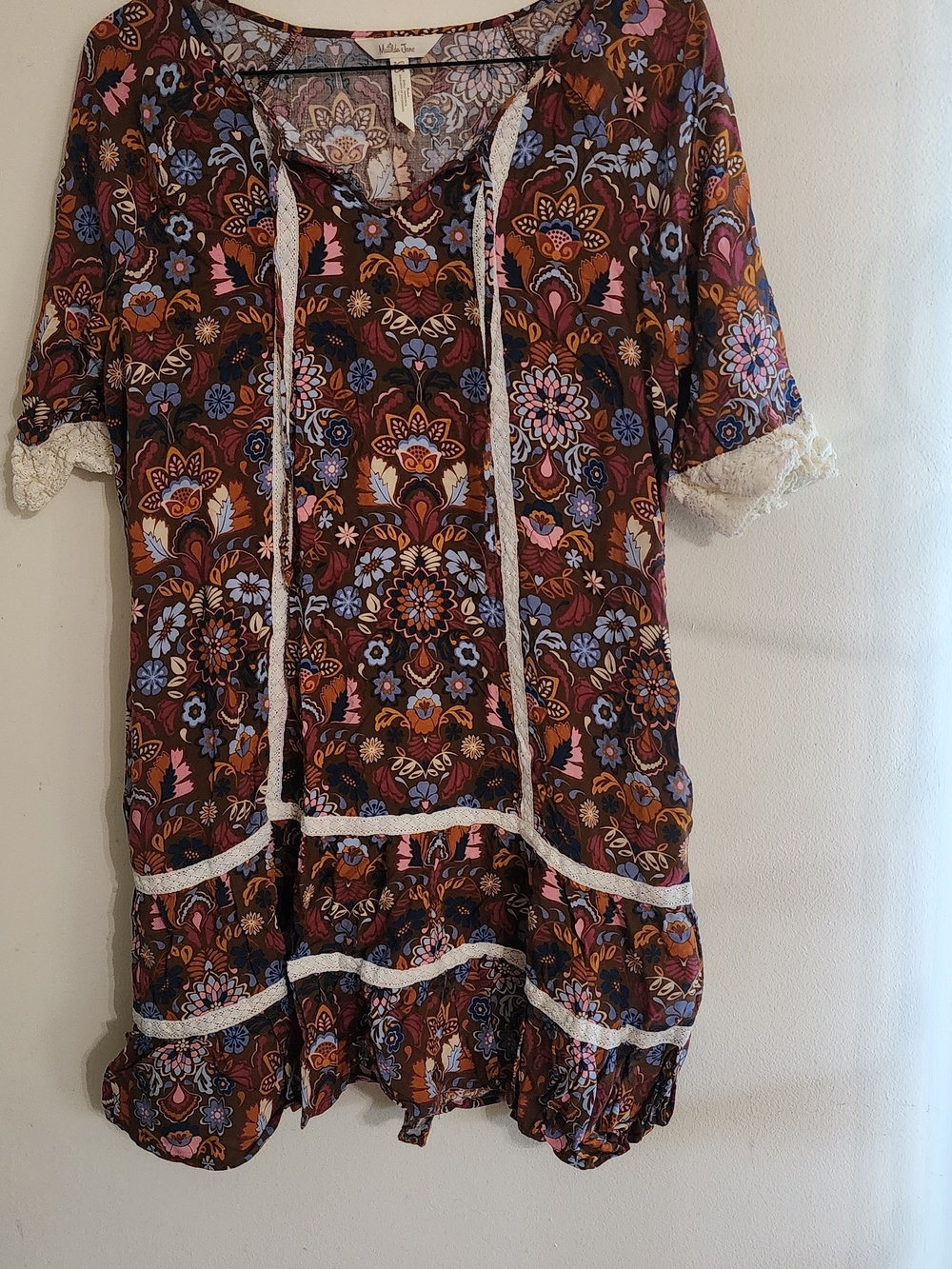 Matilda Jane Boho Floral Print Lace Trim Tunic Dress Size XL
